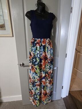 Le Lis Navy Maxi Dress with Multicolor Floral Hem